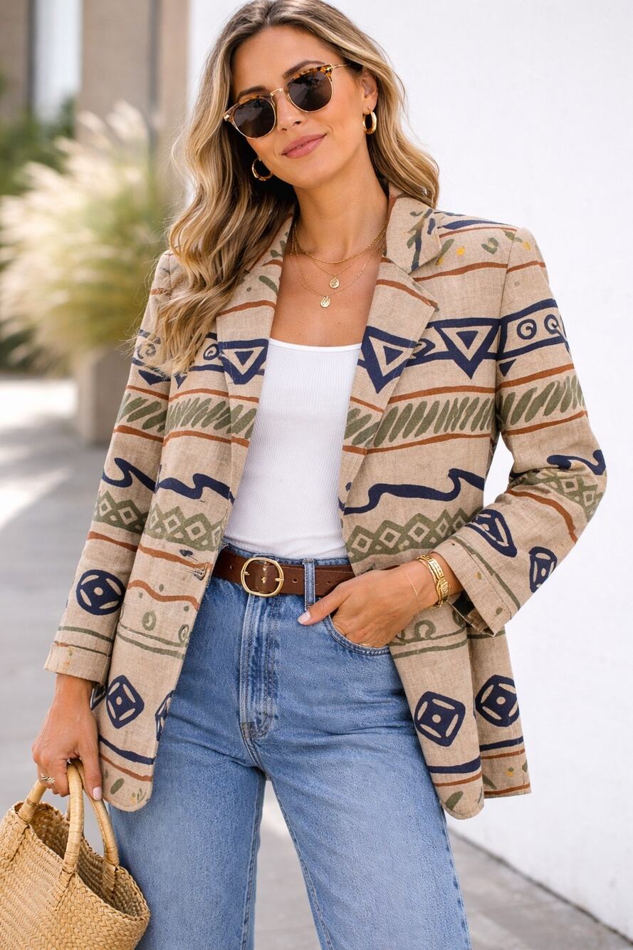 Vintage Rafaella Southwestern Tribal Linen Blend Blazer Boho Aztec Jacket Size 4